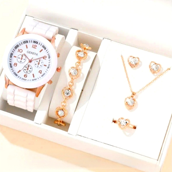 White Round Silicone Quartz Watch And 5pc Gold Heart Love Jewelry Gift Set